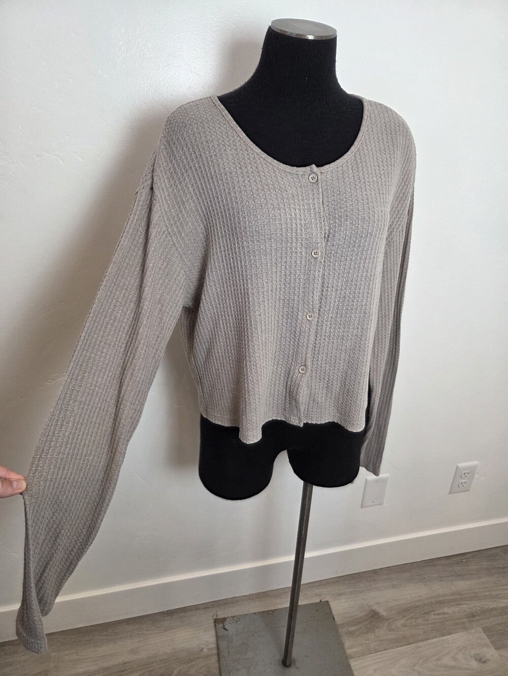Dazy Thermal Waffle Knit Top Taupe Neutral Long Sleeve Comfy Cozy Loungewear XL